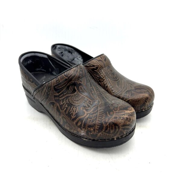 Dansko Professional Brown Embossed Leather Tooled Slip On Clogs Size 38 (US 7.5) - Picture 1 of 5